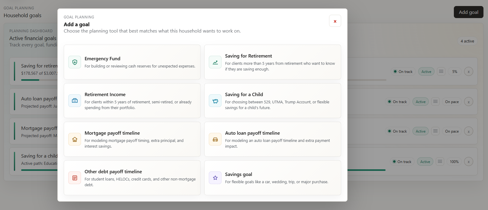 Goal planning screen with emergency fund, retirement, child savings, payoff, debt payoff, and savings goal options