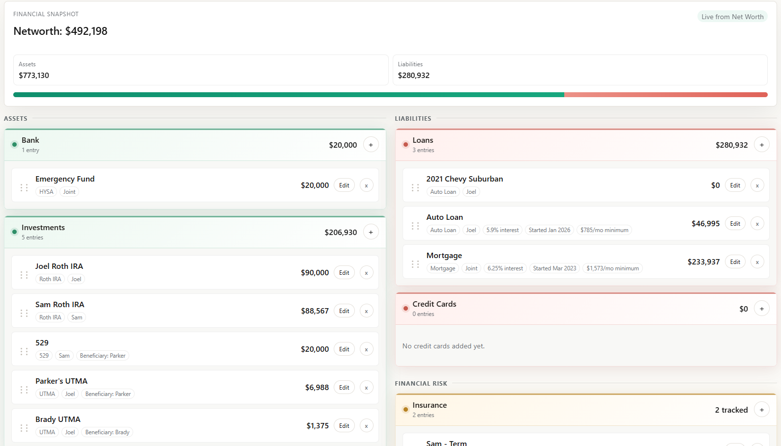 Net worth page with assets, liabilities, insurance, and estate planning sections