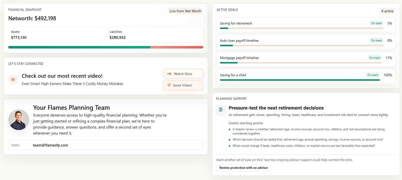 Overview page of the Flames Financial Dashboard showing net worth, active goals, planning support, and the planning team